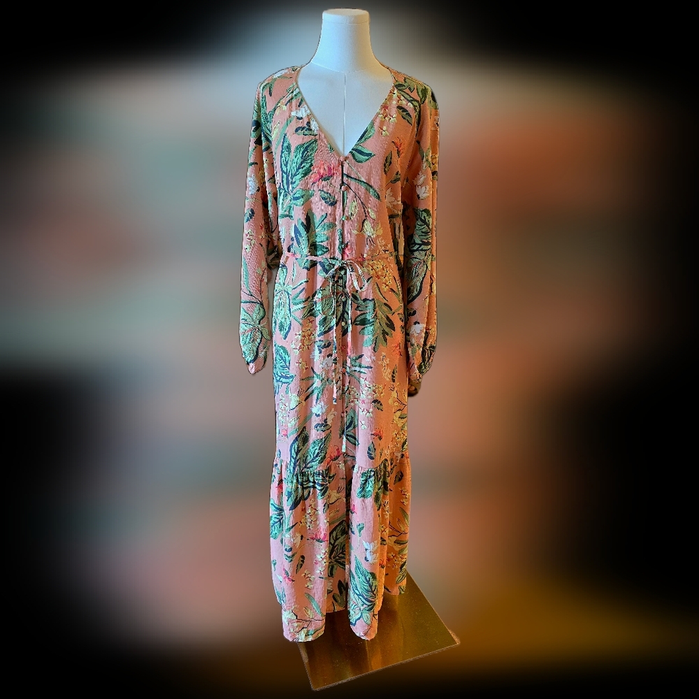 H&M Peach and Green Floral Long Sleeve Dress